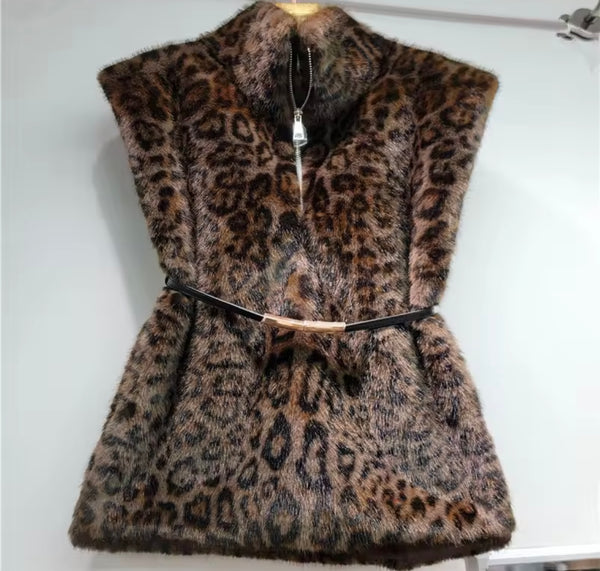 Women Fashion Faux Fur Belted Shawl Vest Pullover