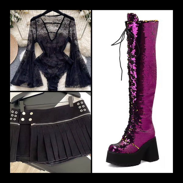 Women Fashion Platform Sequins Lace Up Knee High Boots