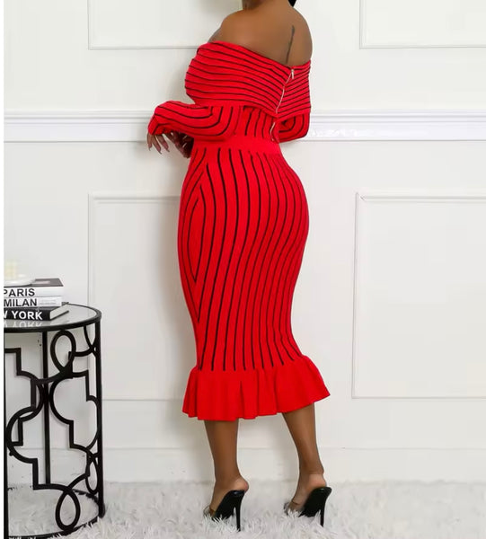 Women Sexy Striped Off The Shoulder Full Sleeve Two Piece Skirt Set