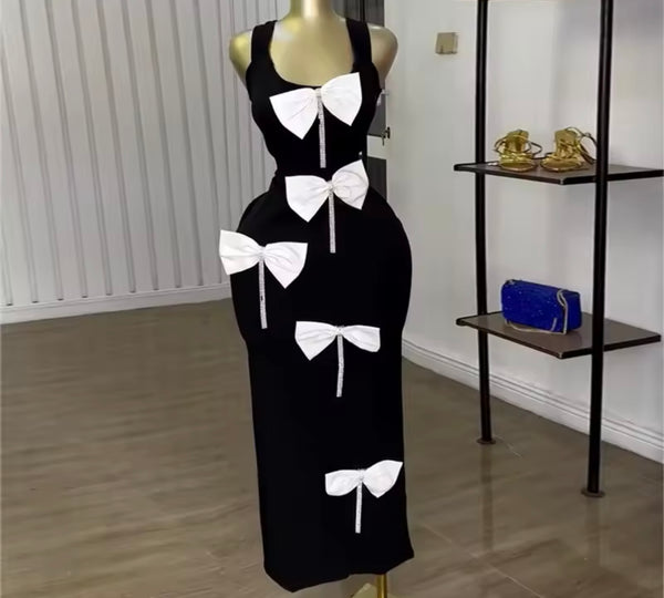 Women Sexy Sleeveless B&W Bow Bling Tassel Maxi Dress