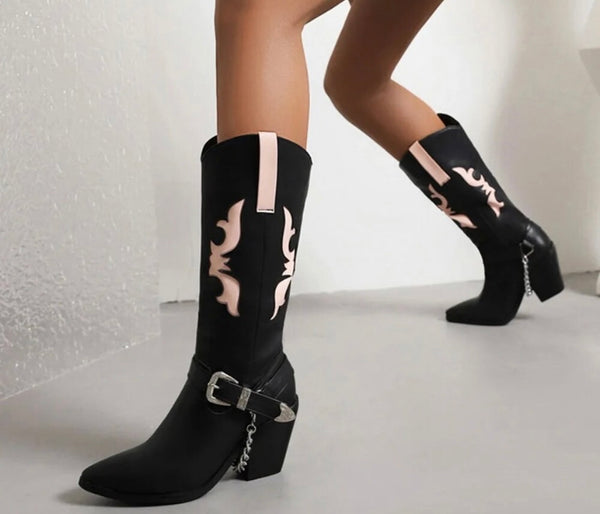 Women Fashion Faux Leather Color Patchwork Chain Western Boots