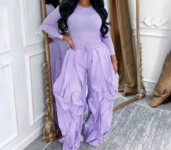 Women Fashion Solid Color Full Sleeve Two Piece Ruffled Pant Set