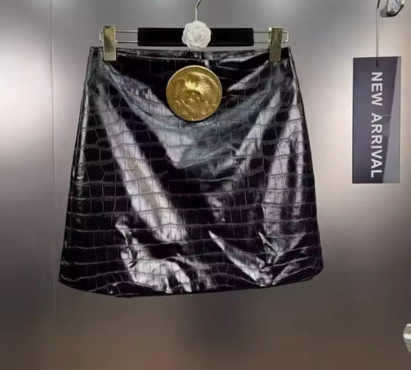 Women Gold Metal Black Faux Leather Jacket Two Piece Skirt Set