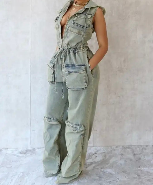 Women Fashion Hooded Sleeveless Drawstring Denim Jumpsuit