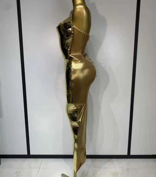 Women Sexy Sequins Strapless Gold Maxi Dress