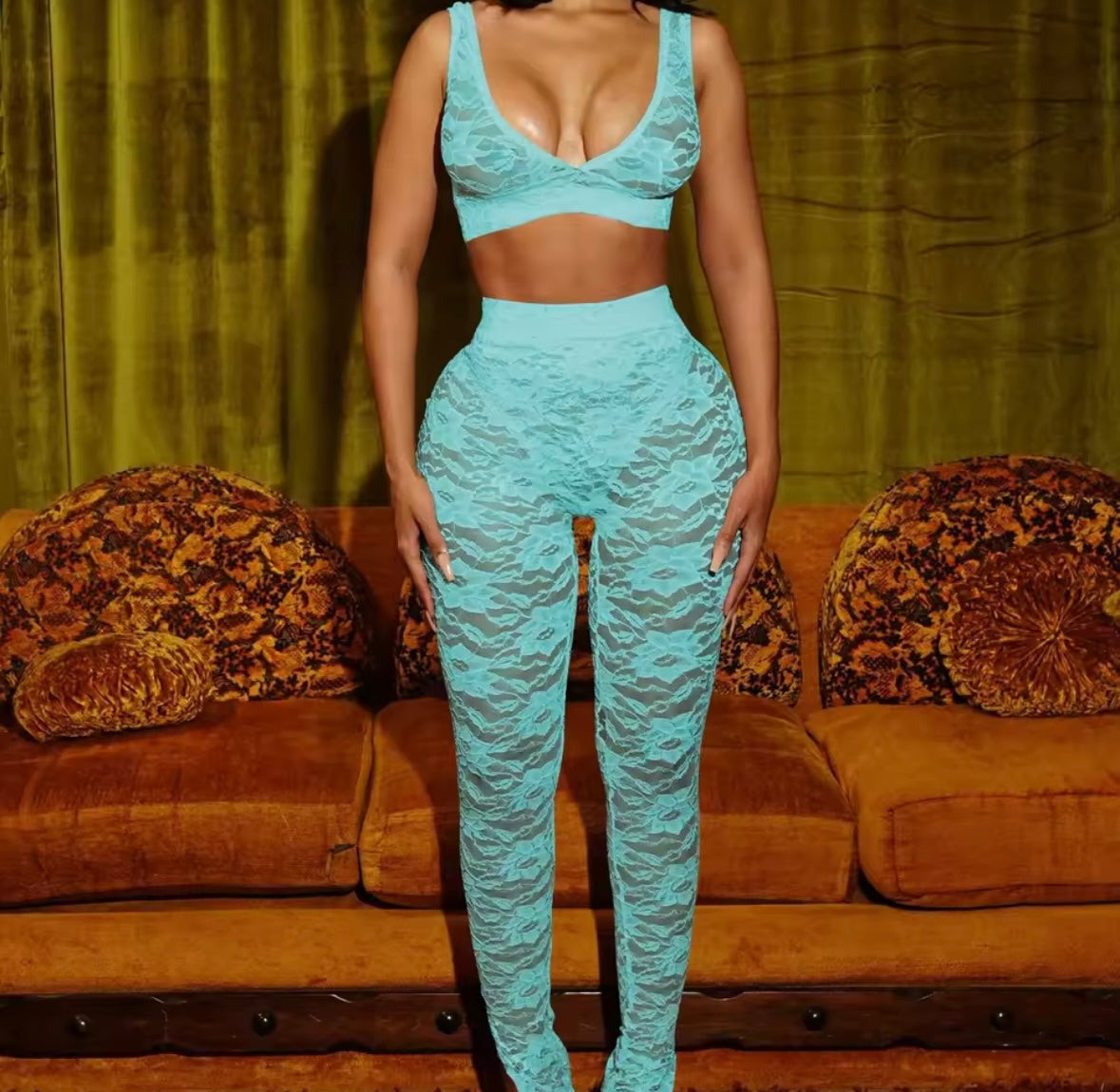 Women Sexy Sleeveless Color Crop Lace Two Piece Pant Set
