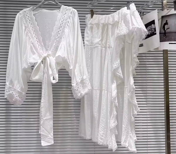 Women White Full Sleeve Wrap Top Two Piece Asymmetrical Skirt Set