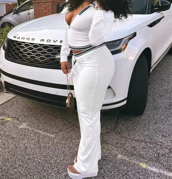 Women Fashion Zip Up Color Block Tracksuit Two Piece Pant Set