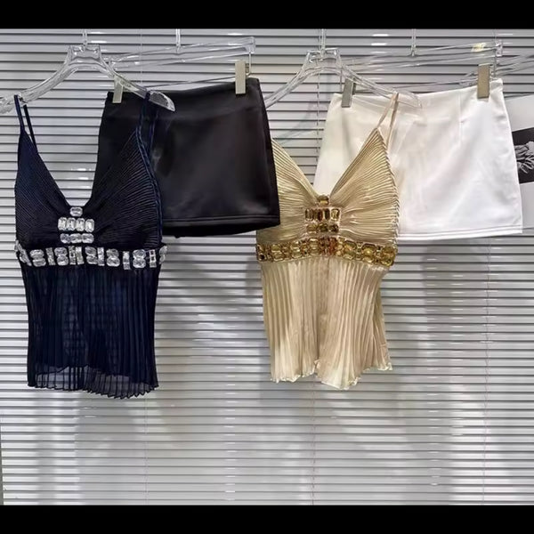 Women Bling Sleeveless Tank Two Piece Sexy Skirt Set