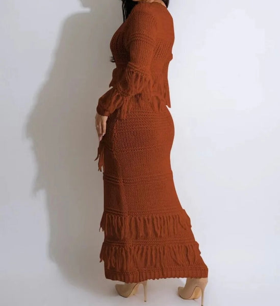 Women Sexy Button Up Full Sleeve Fringe Maxi Dress