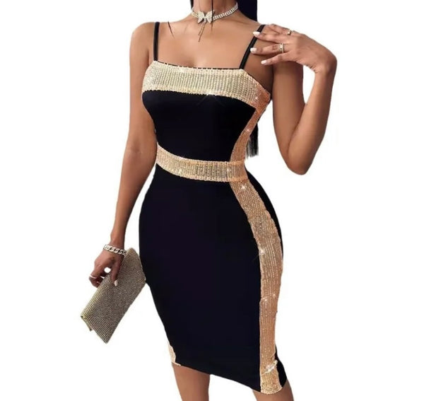 Women Sexy Sleeveless Black Gold Sequins Patchwork Dress