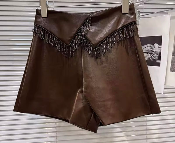 Women Color Fashion Faux Leather Tassel Shorts
