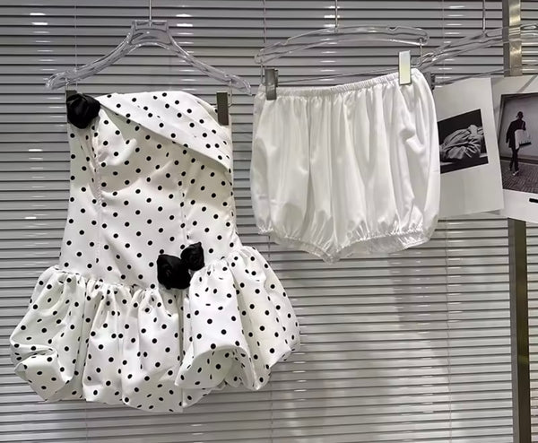 Women Sexy Strapless Polka Dot Elastic Shorts Dress Set