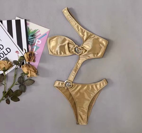 Women Sexy Gold One Shoulder Cut Out Swimsuit