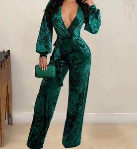 Women Sexy Deep V-Neck Full Sleeve Velour Tie Up Jumpsuit