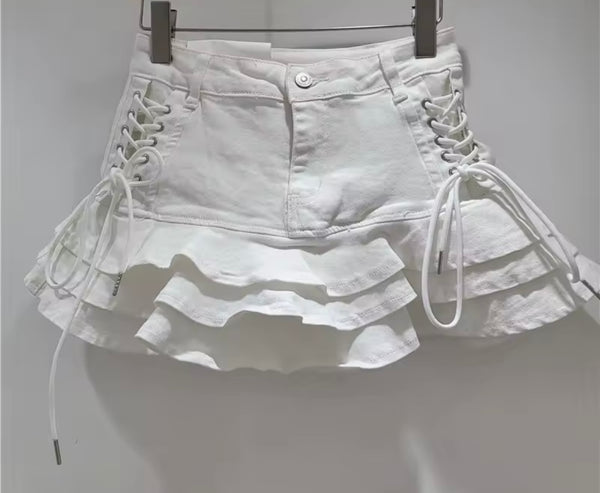 Women Fashion Color Tie Up Ruffled Denim Skirt