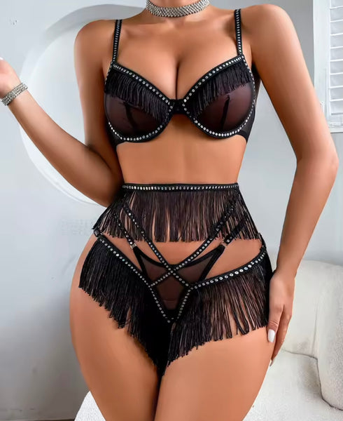 Women Sexy Rhinestone Black Fringe Tassel Mesh Lingerie Set