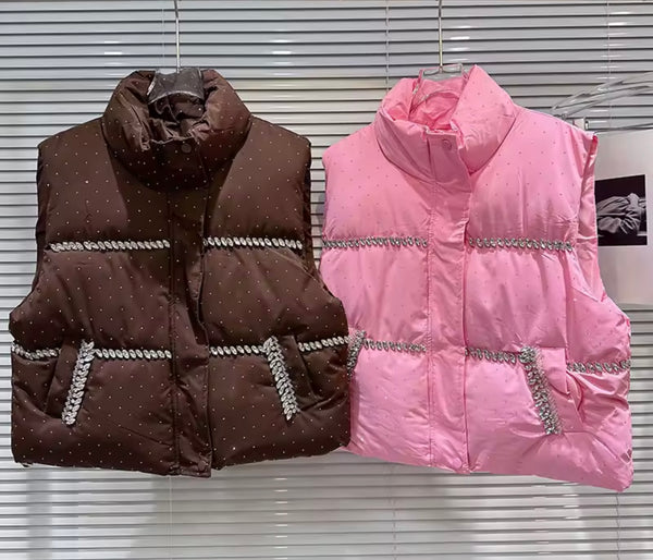 Women Fashion Color Rhinestone Puff Vest Jacket