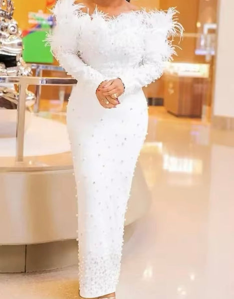 Women Sexy Solid Color Off The Shoulder Beaded Feather Maxi Dress