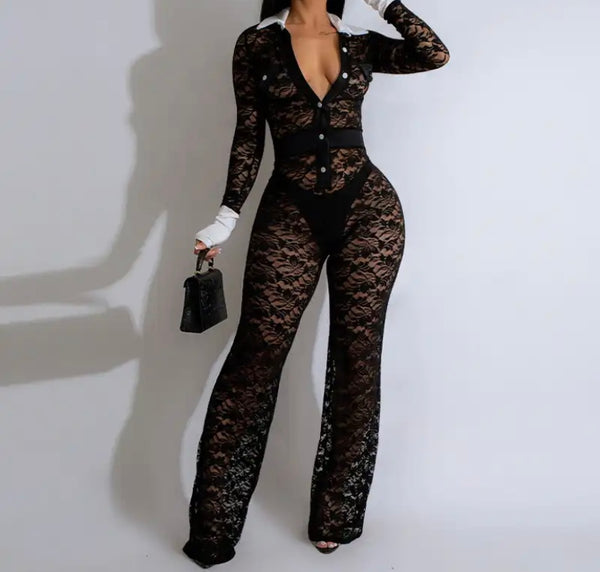 Women Sexy B&W Collar Lace Full Sleeve Jumpsuit