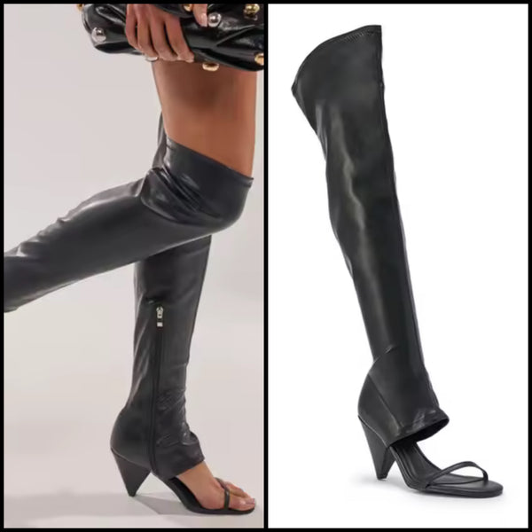 Women Fashion Faux Leather Open Toe Knee High Boots