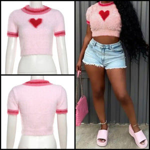 Women Fashion Short Sleeve Color Patchwork Heart Print Crop Top