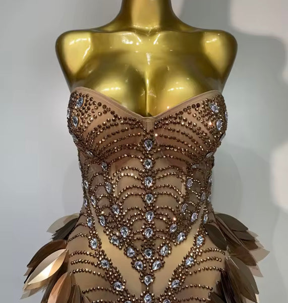 Women Sexy Strapless Rhinestone Brown Mesh Maxi Dress
