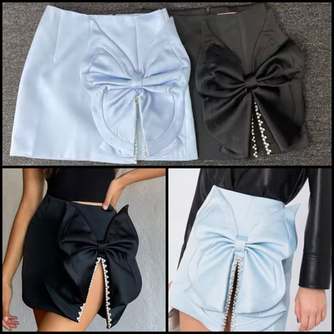 Women Sexy Satin Rhinestone Bow Skirt