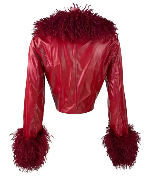 Women Fur Patchwork Fashion Faux Leather Two Piece Capri Pant Set