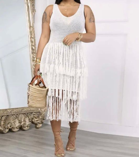 Women Sexy Sleeveless Solid Color Fringe Tassel Knitted Dress