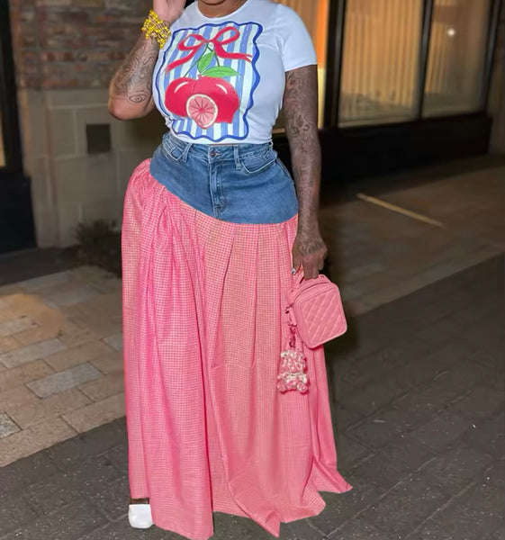 Women Fruit Print Short Sleeve Plaid Denim Two Piece Skirt Set