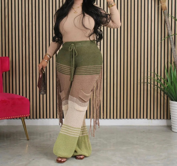 Women Knitted Color Patchwork Fringe Pants