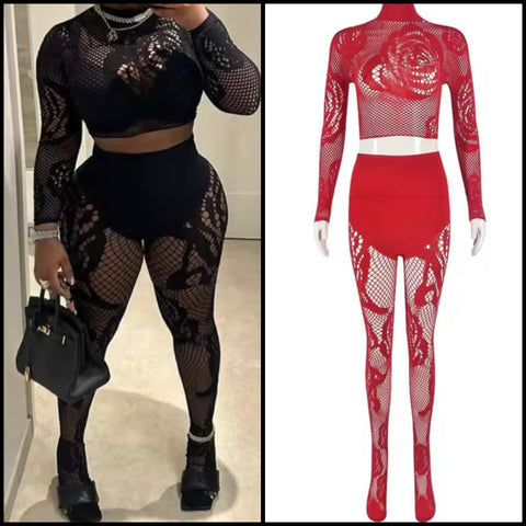 Women Sexy Fashion Full Sleeve Mesh Feet In Two Piece Pant Set