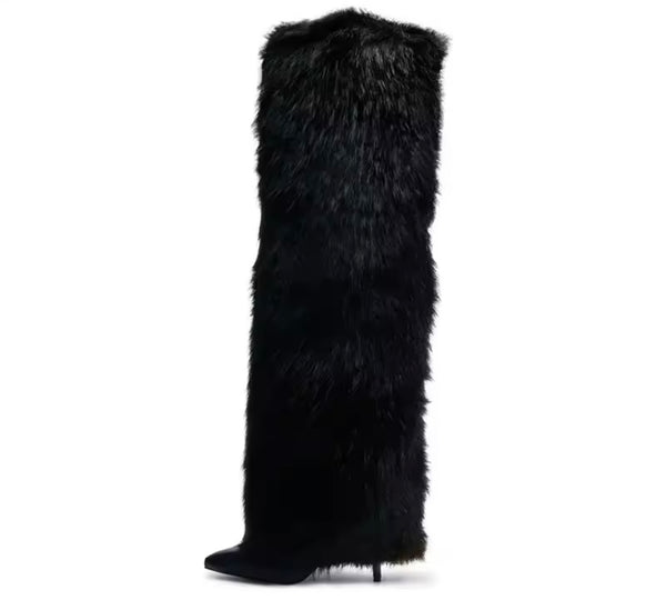 Women Fashion Black Faux Fur Over The Knee Boots