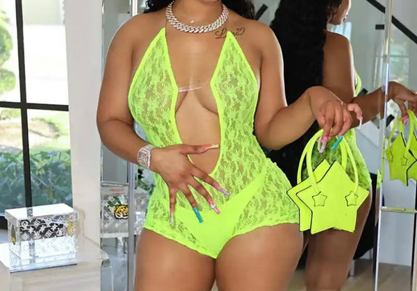 Women Sexy Neon Lace Halter Sleeveless Romper