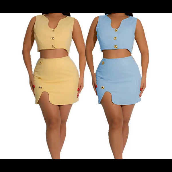 Women Button Up Sleeveless Crop Sexy Two Piece Skirt Set