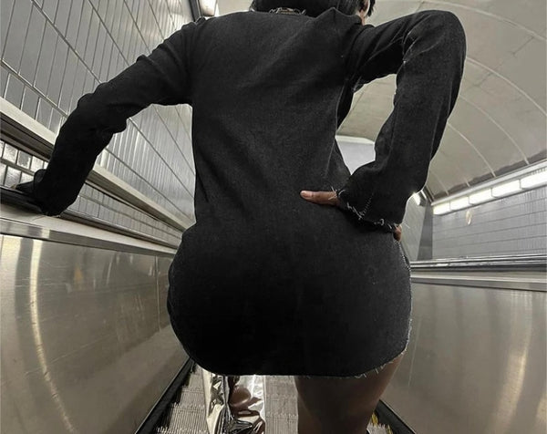Women Sexy Black Zip Up Rivet Full Sleeve Dress