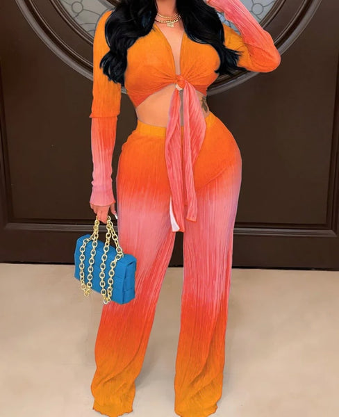 Women Full Sleeve Gradient Fashion Two Piece Pant Set