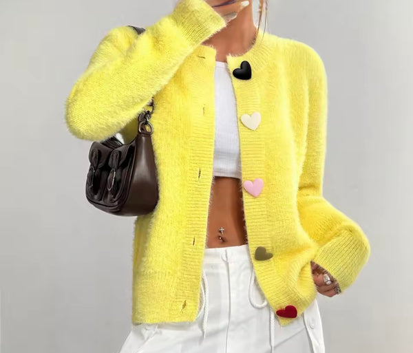 Women Yellow Fashion Heart Button Up Sweater Top