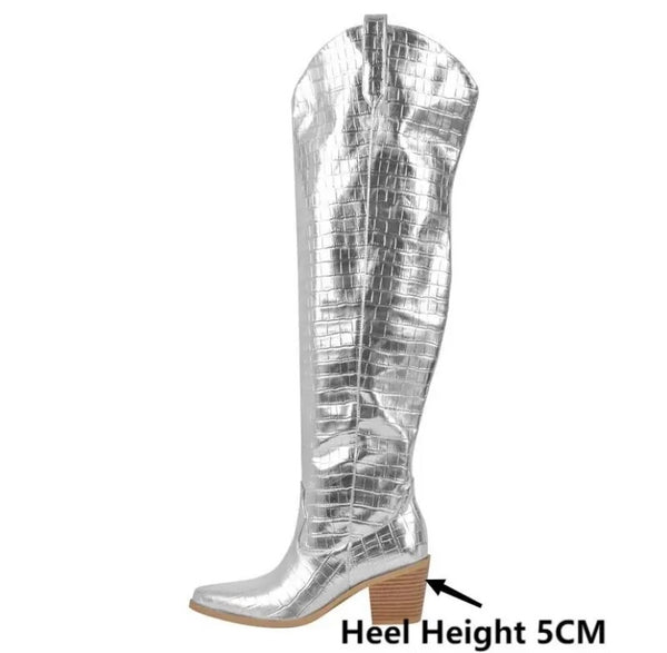 Women Silver Fashion Knee High Western Boots