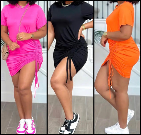 Women Sexy Solid Color Short Sleeve Drawstring Shirt Dress