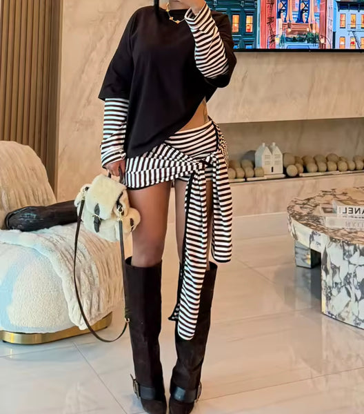 Women Color Striped Full Sleeve Fashion Two Piece Wrap Skirt Set