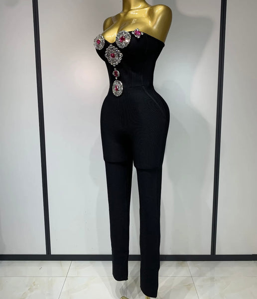 Women Sexy Strapless Bling Crystal Jumpsuit