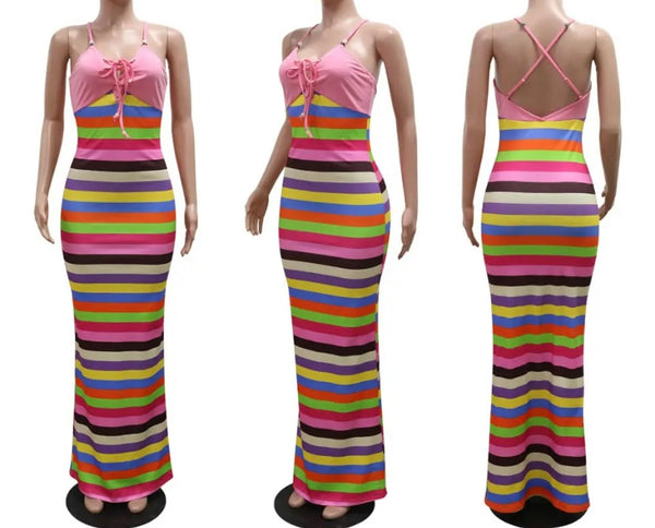 Women Sexy Sleeveless Colorful Striped Maxi Dress
