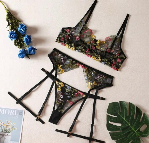 Women Sexy Colorful Floral Mesh Lingerie Set