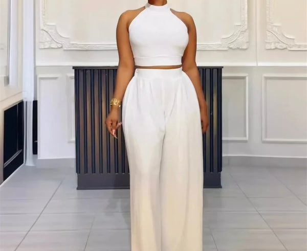 Women Solid Color Sleeveless Crop Two Piece Wide Leg Pant Set