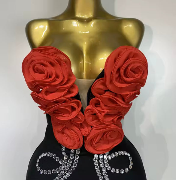 Women Sexy Strapless 3D Floral Rhinestone Maxi Dress