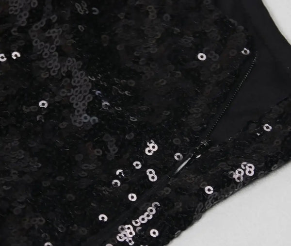 Women Sexy Black One Shoulder Full Sleeve Sequins Patchwork Dress