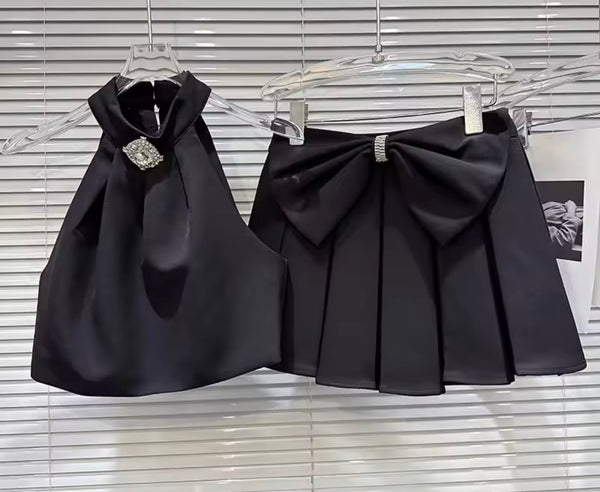 Women Bling Halter Sleeveless Bow Two Piece Pleated Shirt Set