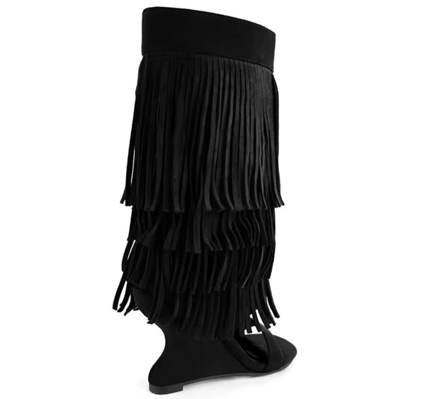 Women Fashion Suede Fringe Tassel Open Toe Wedge Boots